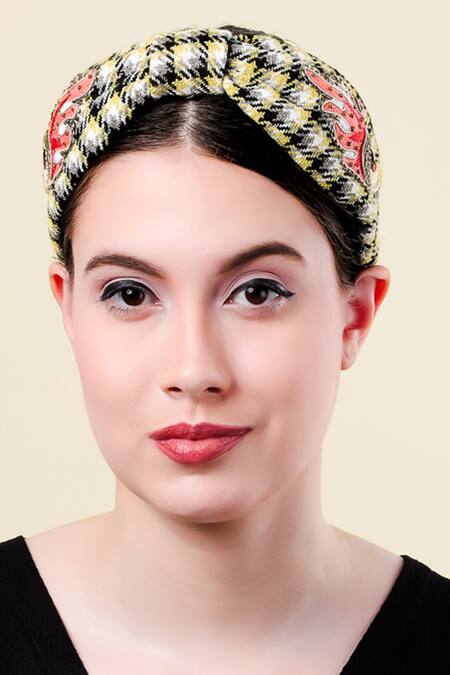 Moyolu Multi Color Beads, Embroidery Checkered Headband Online at Aza Fashions Moyolu_Multi Color Beads, Embroidery Checkered Headband _Online_at_Aza_Fashions