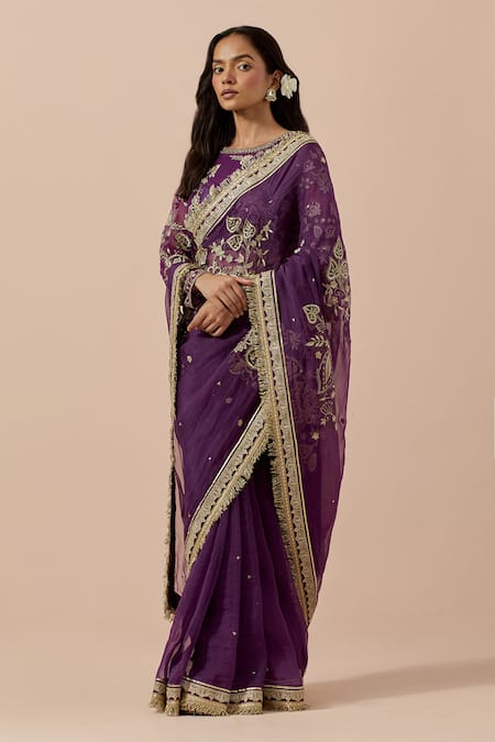 Ikshita Choudhary_Purple Organza, Net, Satin Sequins, Embroidery Round Neck Saree Set _Online_at_Aza_Fashions