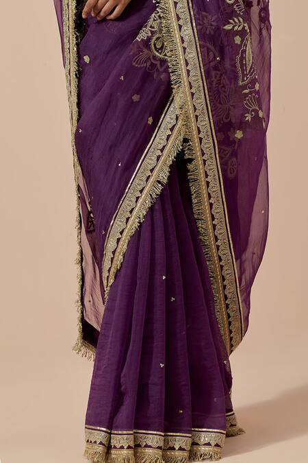 Buy_Ikshita Choudhary_Purple Organza, Net, Satin Sequins, Embroidery Round Neck Saree Set _Online_at_Aza_Fashions