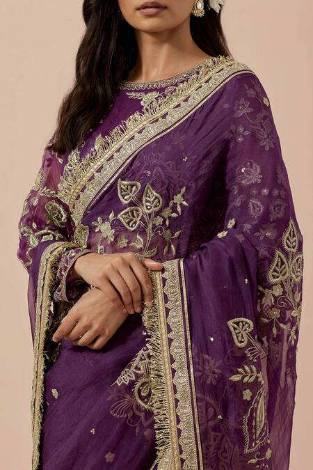 Shop_Ikshita Choudhary_Purple Organza, Net, Satin Sequins, Embroidery Round Neck Saree Set _Online_at_Aza_Fashions