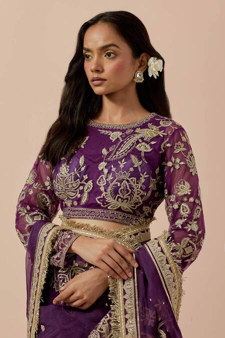 Ikshita Choudhary_Purple Organza, Net, Satin Sequins, Embroidery Round Neck Saree Set _at_Aza_Fashions