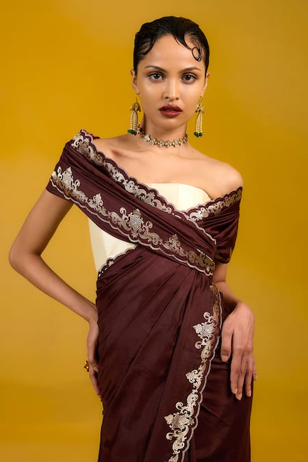 Ekaya Banaras Brown Silk Embroidery, Zari Kadhwa Saree With Gold Accents Online at Aza Fashions Ekaya Banaras_Brown Silk Embroidery, Zari Kadhwa Saree With Gold Accents _Online_at_Aza_Fashions
