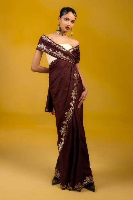 Shop Ekaya Banaras Brown Silk Embroidery, Zari Kadhwa Saree With Gold Accents at Aza Fashions Shop_Ekaya Banaras_Brown Silk Embroidery, Zari Kadhwa Saree With Gold Accents _at_Aza_Fashions