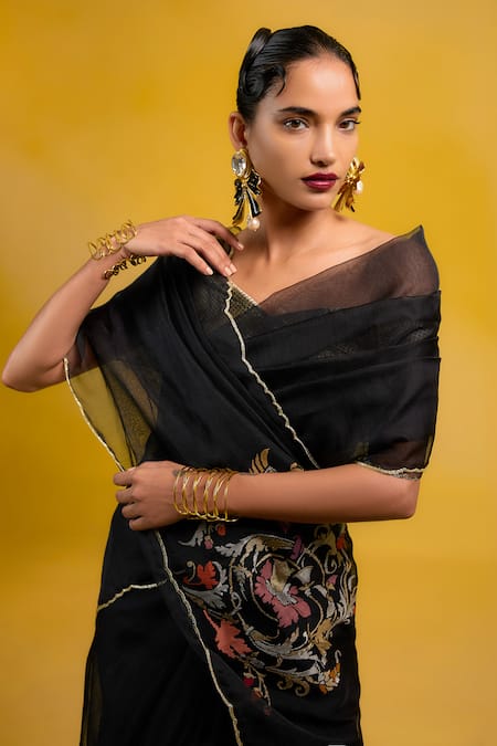 Shop Ekaya Banaras Black Kota Doria Embroidery Kora Silk Banarasi Saree at Aza Fashions Shop_Ekaya Banaras_Black Kota Doria Embroidery Kora Silk Banarasi Saree _at_Aza_Fashions
