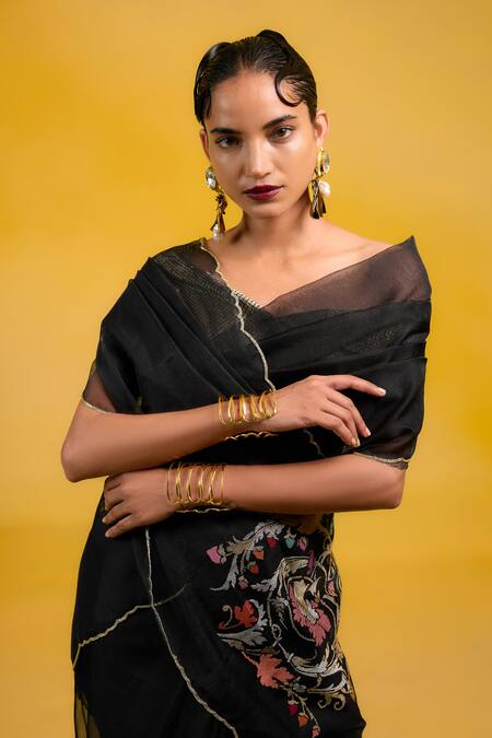 Ekaya Banaras Black Kota Doria Embroidery Kora Silk Banarasi Saree Online at Aza Fashions Ekaya Banaras_Black Kota Doria Embroidery Kora Silk Banarasi Saree _Online_at_Aza_Fashions