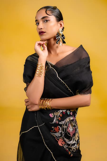 Buy Ekaya Banaras Black Kota Doria Embroidery Kora Silk Banarasi Saree Online at Aza Fashions Buy_Ekaya Banaras_Black Kota Doria Embroidery Kora Silk Banarasi Saree _Online_at_Aza_Fashions