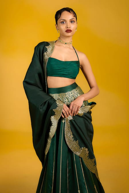Ekaya Banaras_Green Silk, Satin Embroidery Bottle Kadhwa Lehenga Set_Online_at_Aza_Fashions