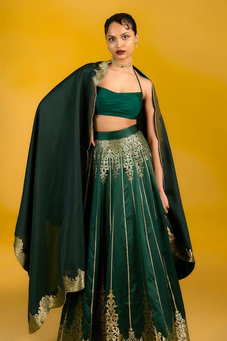 Buy_Ekaya Banaras_Green Silk, Satin Embroidery Bottle Kadhwa Lehenga Set_Online_at_Aza_Fashions