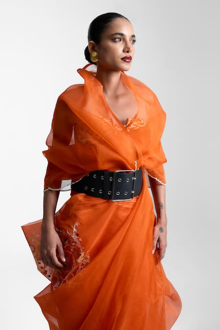 Ekaya Banaras_Orange Organza Embroidery Amber Glow Tangerine Saree_Online_at_Aza_Fashions