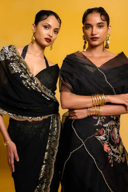 Ekaya Banaras Black Chiffon Zari Halter Neck Banarasi Saree With Gold Border Online at Aza Fashions Ekaya Banaras_Black Chiffon Zari Halter Neck Banarasi Saree With Gold Border_Online_at_Aza_Fashions