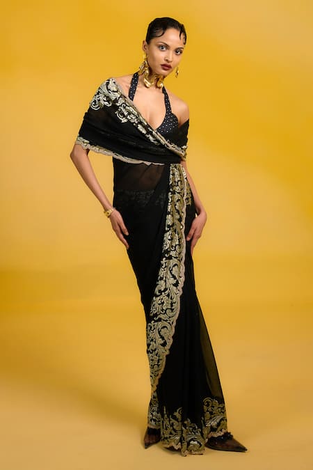 Shop Ekaya Banaras Black Chiffon Zari Halter Neck Banarasi Saree With Gold Border at Aza Fashions Shop_Ekaya Banaras_Black Chiffon Zari Halter Neck Banarasi Saree With Gold Border_at_Aza_Fashions