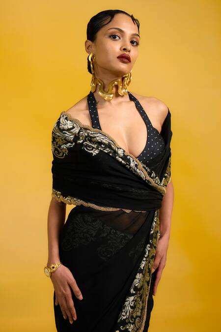 Buy Ekaya Banaras Black Chiffon Zari Halter Neck Banarasi Saree With Gold Border Online at Aza Fashions Buy_Ekaya Banaras_Black Chiffon Zari Halter Neck Banarasi Saree With Gold Border_Online_at_Aza_Fashions