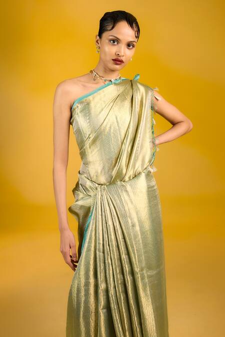 Shop_Ekaya Banaras_Green Silk, Tissue Handwoven Sea Saree _at_Aza_Fashions