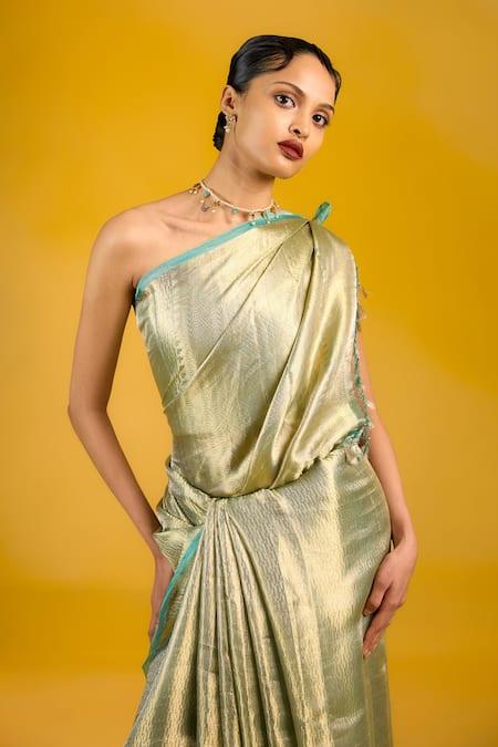 Ekaya Banaras_Green Silk, Tissue Handwoven Sea Saree _Online_at_Aza_Fashions