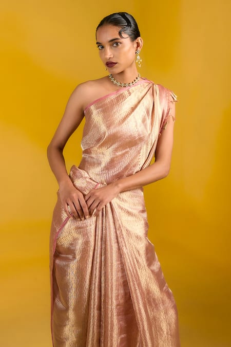 Ekaya Banaras_Rose Gold Tissue Pink Silk Saree_Online_at_Aza_Fashions
