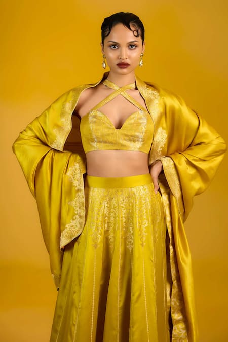 Shop Ekaya Banaras Mustard Satin Sequins, Embroidery Kadhwa Lehenga Set at Aza Fashions Shop_Ekaya Banaras_Mustard Satin Sequins, Embroidery Kadhwa Lehenga Set_at_Aza_Fashions