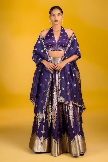 Ekaya Banaras_Purple Silk, Brocade Embroidery, Sequins Banarasi Kadhwa Lehenga Set_Online_at_Aza_Fashions