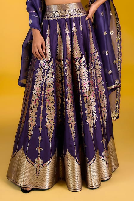 Shop_Ekaya Banaras_Purple Silk, Brocade Embroidery, Sequins Banarasi Kadhwa Lehenga Set_Online_at_Aza_Fashions