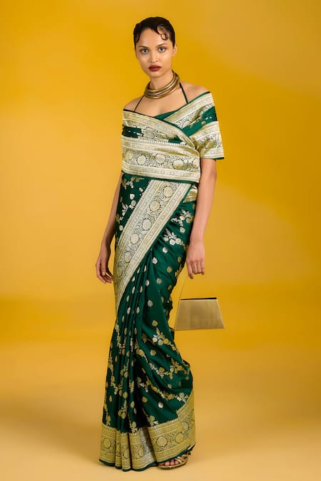 Shop_Ekaya Banaras_Green Satin, Silk Embroidery Off-shoulder Bottle Saree _at_Aza_Fashions