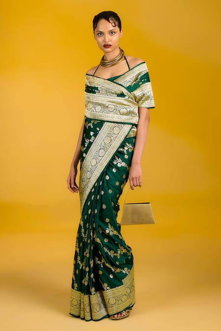 Ekaya Banaras_Green Satin, Silk Embroidery Off-shoulder Bottle Saree _Online_at_Aza_Fashions