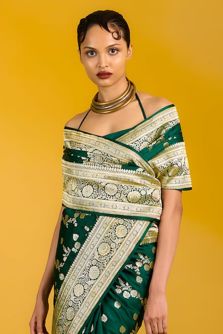 Buy_Ekaya Banaras_Green Satin, Silk Embroidery Off-shoulder Bottle Saree _Online_at_Aza_Fashions