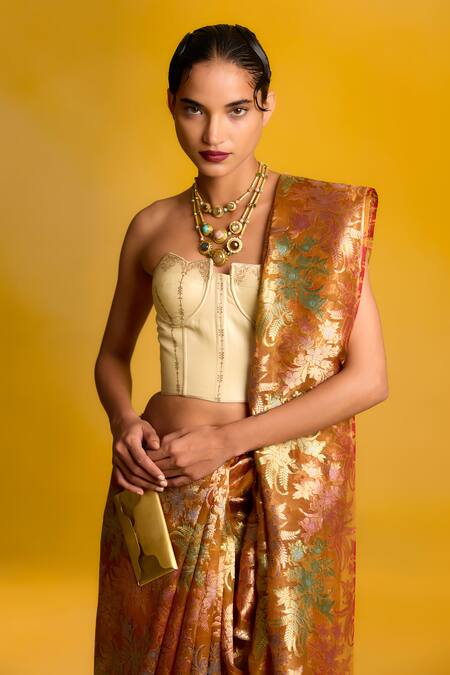 Ekaya Banaras_Orange Zari Sweetheart Neck Banarasi Tissue Saree Set_Online_at_Aza_Fashions