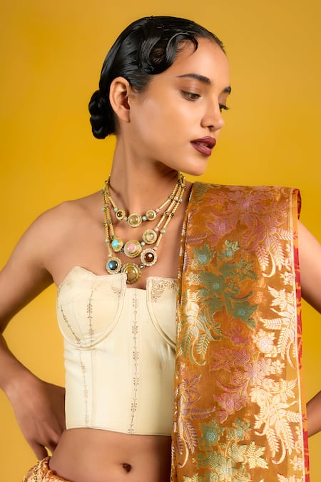 Buy_Ekaya Banaras_Orange Zari Sweetheart Neck Banarasi Tissue Saree Set_Online_at_Aza_Fashions