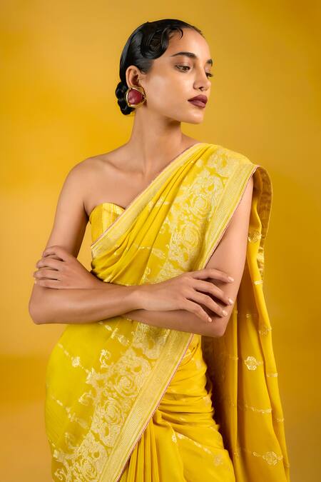 Ekaya Banaras_Mustard Chiffon Embroidery Yellow Moonga Saree_Online_at_Aza_Fashions