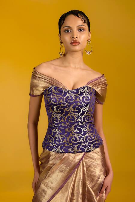 Shop_Ekaya Banaras_Brown Tissue, Silk Embroidery Sweetheart Neck Banarasi Saree _at_Aza_Fashions