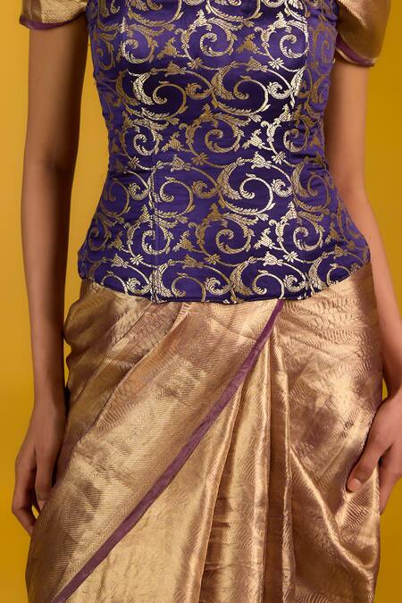 Ekaya Banaras_Brown Tissue, Silk Embroidery Sweetheart Neck Banarasi Saree _Online_at_Aza_Fashions