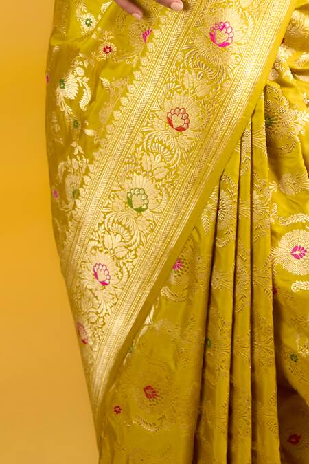 Ekaya Banaras Mustard Silk Embroidery, Zari Handwoven Kadhwa Saree Online at Aza Fashions Ekaya Banaras_Mustard Silk Embroidery, Zari Handwoven Kadhwa Saree _Online_at_Aza_Fashions