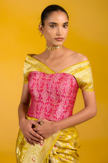 Shop Ekaya Banaras Mustard Silk Embroidery, Zari Handwoven Kadhwa Saree at Aza Fashions Shop_Ekaya Banaras_Mustard Silk Embroidery, Zari Handwoven Kadhwa Saree _at_Aza_Fashions