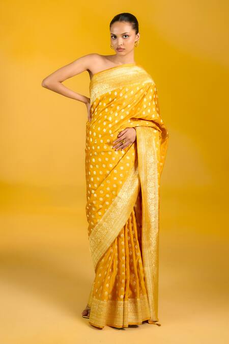 Ekaya Banaras Mustard Satin Embroidery Yellow Silk Booti Border Saree Online at Aza Fashions Ekaya Banaras_Mustard Satin Embroidery Yellow Silk Booti Border Saree _Online_at_Aza_Fashions