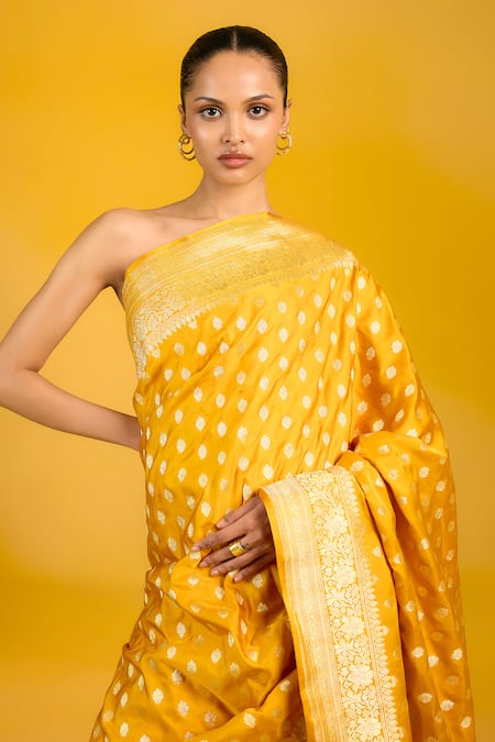 Shop Ekaya Banaras Mustard Satin Embroidery Yellow Silk Booti Border Saree at Aza Fashions Shop_Ekaya Banaras_Mustard Satin Embroidery Yellow Silk Booti Border Saree _at_Aza_Fashions