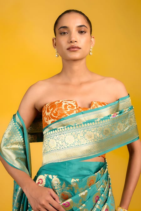 Ekaya Banaras Green Silk Embroidery Off-shoulder Handwoven Kadhwa Meenakari Saree Online at Aza Fashions Ekaya Banaras_Green Silk Embroidery Off-shoulder Handwoven Kadhwa Meenakari Saree _Online_at_Aza_Fashions