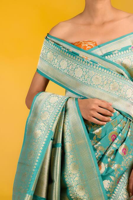Buy Ekaya Banaras Green Silk Embroidery Off-shoulder Handwoven Kadhwa Meenakari Saree Online at Aza Fashions Buy_Ekaya Banaras_Green Silk Embroidery Off-shoulder Handwoven Kadhwa Meenakari Saree _Online_at_Aza_Fashions