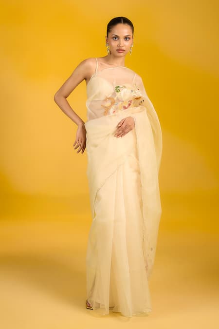 Shop_Ekaya Banaras_Off White Kota Doria, Silk Embroidery, Zari Vanilla Snow Kora Saree _at_Aza_Fashions