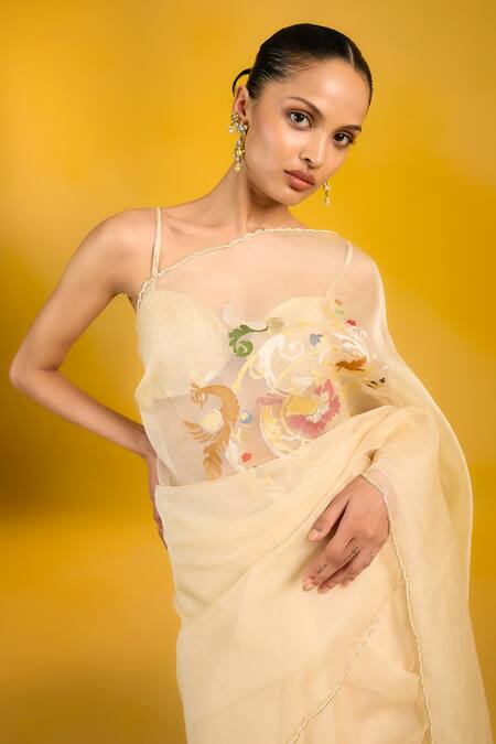 Ekaya Banaras_Off White Kota Doria, Silk Embroidery, Zari Vanilla Snow Kora Saree _Online_at_Aza_Fashions