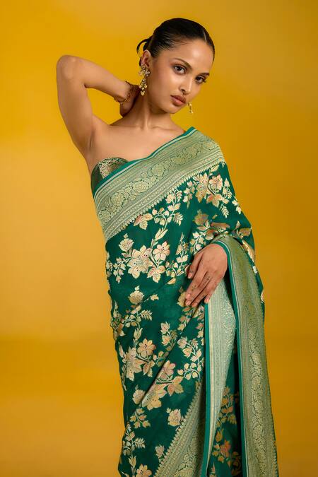 Shop Ekaya Banaras Green Chiffon Embroidery Round Neck Frosted Fern Saree at Aza Fashions Shop_Ekaya Banaras_Green Chiffon Embroidery Round Neck Frosted Fern Saree_at_Aza_Fashions