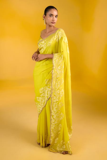 Shop_Ekaya Banaras_Mustard Chiffon Embroidery, Beads Off-shoulder Yellow Handwoven Saree _at_Aza_Fashions