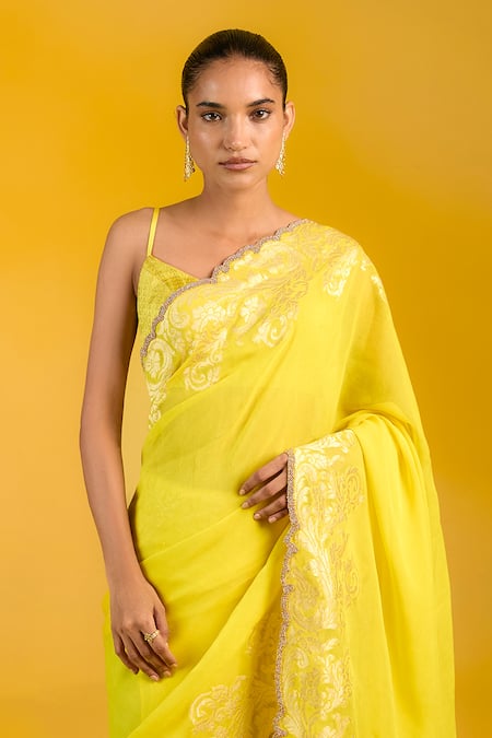 Ekaya Banaras_Mustard Chiffon Embroidery, Beads Off-shoulder Yellow Handwoven Saree _Online_at_Aza_Fashions