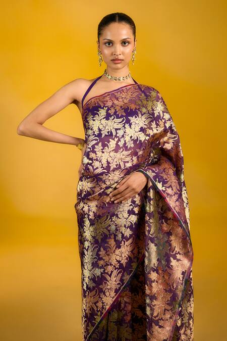 Ekaya Banaras_Purple Tissue, Kota Doria Halter Neck Handwoven Banarasi Saree _Online_at_Aza_Fashions