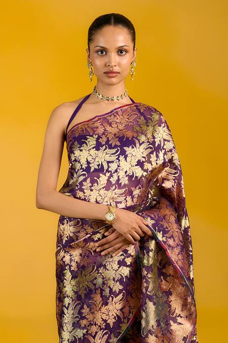 Buy_Ekaya Banaras_Purple Tissue, Kota Doria Halter Neck Handwoven Banarasi Saree _Online_at_Aza_Fashions