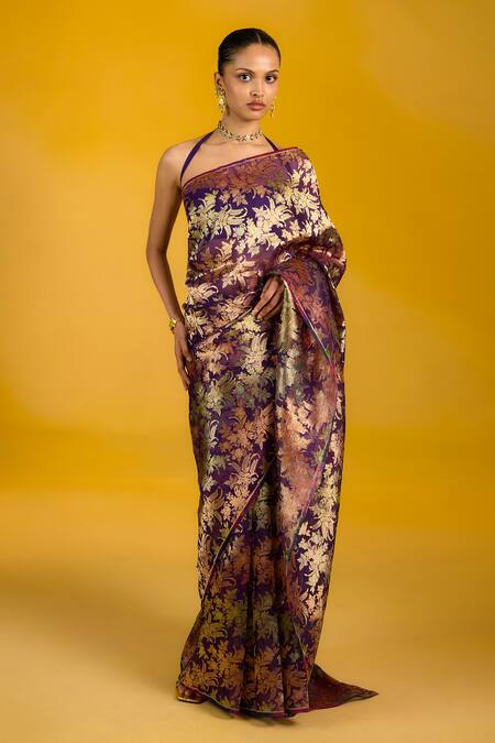 Shop_Ekaya Banaras_Purple Tissue, Kota Doria Halter Neck Handwoven Banarasi Saree _at_Aza_Fashions