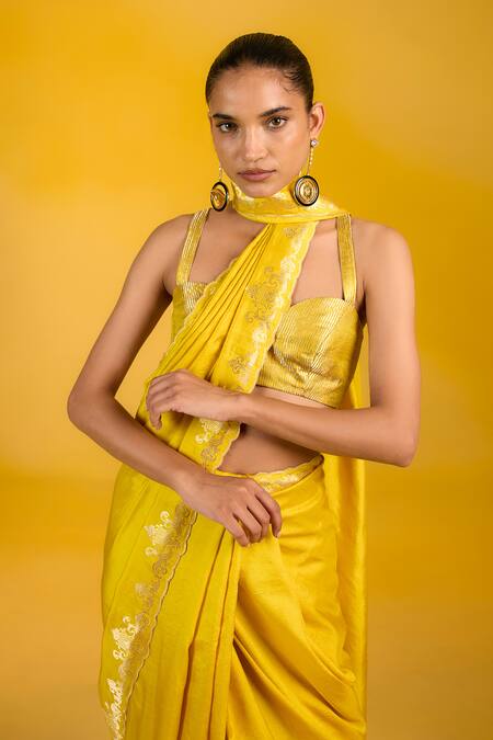 Ekaya Banaras Mustard Chiffon, Silk Embroidery Square Neck Yellow Handwoven Saree Online at Aza Fashions Ekaya Banaras_Mustard Chiffon, Silk Embroidery Square Neck Yellow Handwoven Saree _Online_at_Aza_Fashions