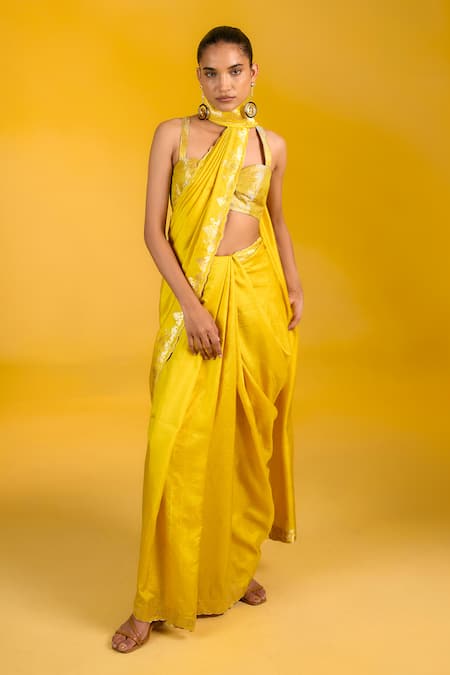 Shop Ekaya Banaras Mustard Chiffon, Silk Embroidery Square Neck Yellow Handwoven Saree at Aza Fashions Shop_Ekaya Banaras_Mustard Chiffon, Silk Embroidery Square Neck Yellow Handwoven Saree _at_Aza_Fashions