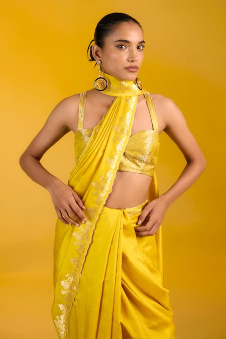 Buy Ekaya Banaras Mustard Chiffon, Silk Embroidery Square Neck Yellow Handwoven Saree Online at Aza Fashions Buy_Ekaya Banaras_Mustard Chiffon, Silk Embroidery Square Neck Yellow Handwoven Saree _Online_at_Aza_Fashions