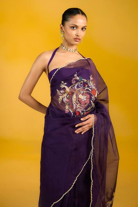 Ekaya Banaras Purple Kota Doria, Organza Embroidery Halter Neck Banarasi Saree Online at Aza Fashions Ekaya Banaras_Purple Kota Doria, Organza Embroidery Halter Neck Banarasi Saree _Online_at_Aza_Fashions
