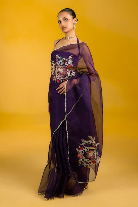 Shop Ekaya Banaras Purple Kota Doria, Organza Embroidery Halter Neck Banarasi Saree at Aza Fashions Shop_Ekaya Banaras_Purple Kota Doria, Organza Embroidery Halter Neck Banarasi Saree _at_Aza_Fashions