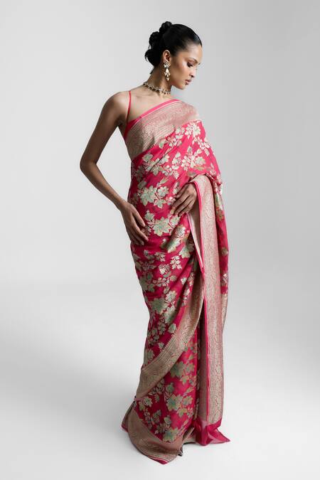 Shop Ekaya Banaras Red Chiffon Embroidery, Zari Rani Pink Handwoven Saree at Aza Fashions Shop_Ekaya Banaras_Red Chiffon Embroidery, Zari Rani Pink Handwoven Saree_at_Aza_Fashions